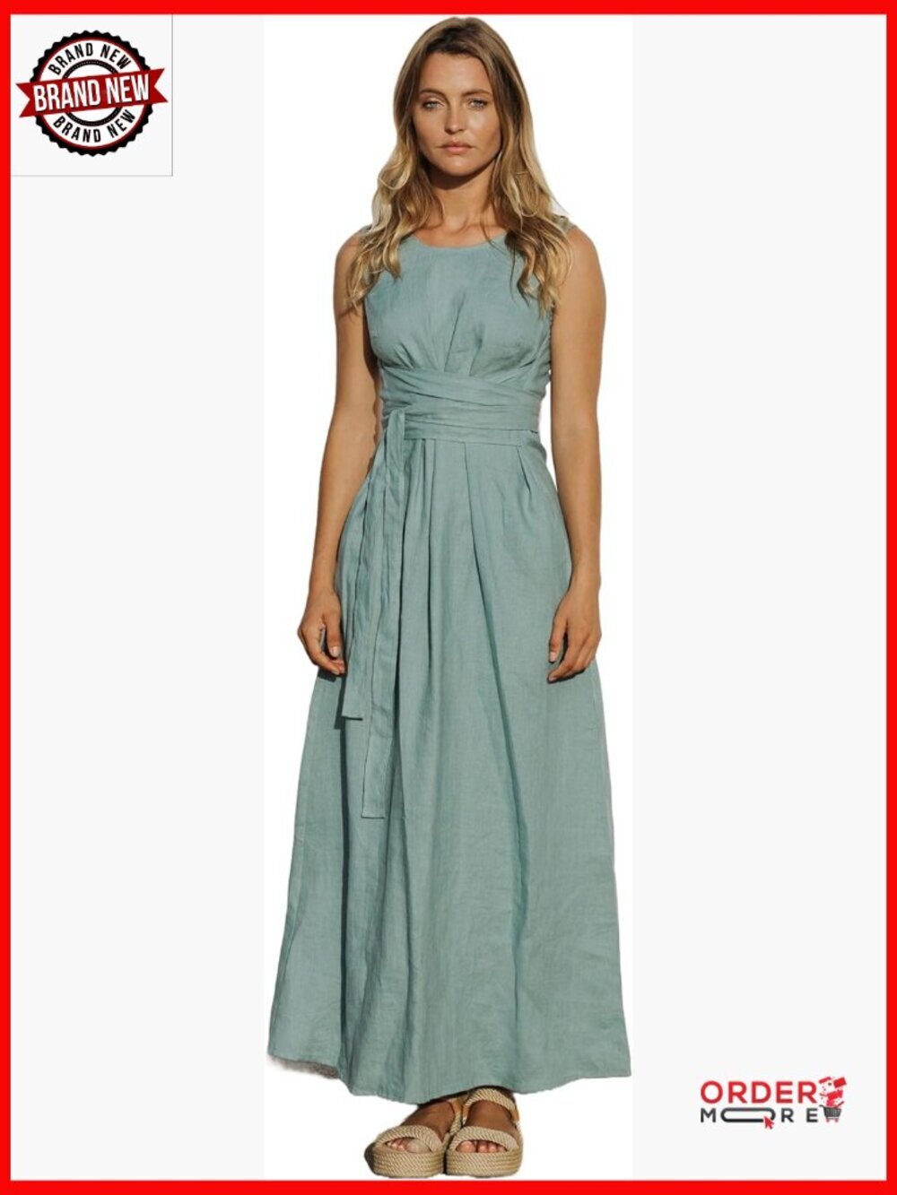 100% Linen Women's Sleeveless Maxi Dress Boat Neck A-Line High Waist Flowy
